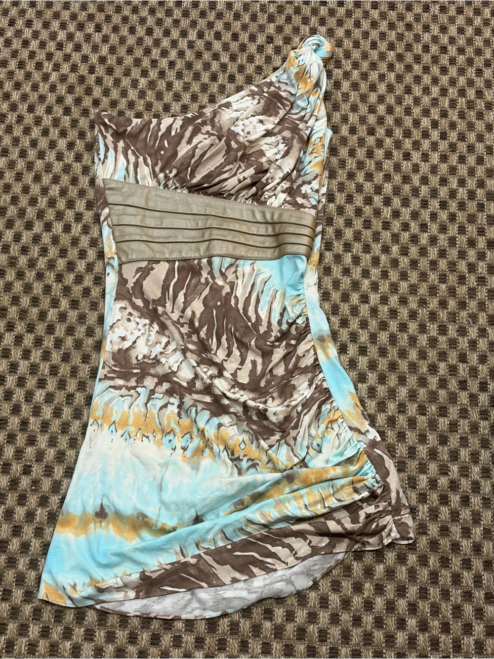 Y2K SKY One Shoulder Mini Dress Tunic S Blue Brown Abstract Print Party Size M